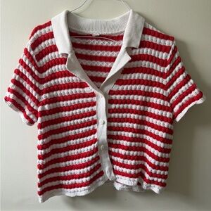 Old Navy Red and White Striped V-Neck Sweater